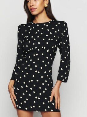 Reformation Brantley Mini Dress Black Heart Print “Luv It” Long Sleeve Size 4